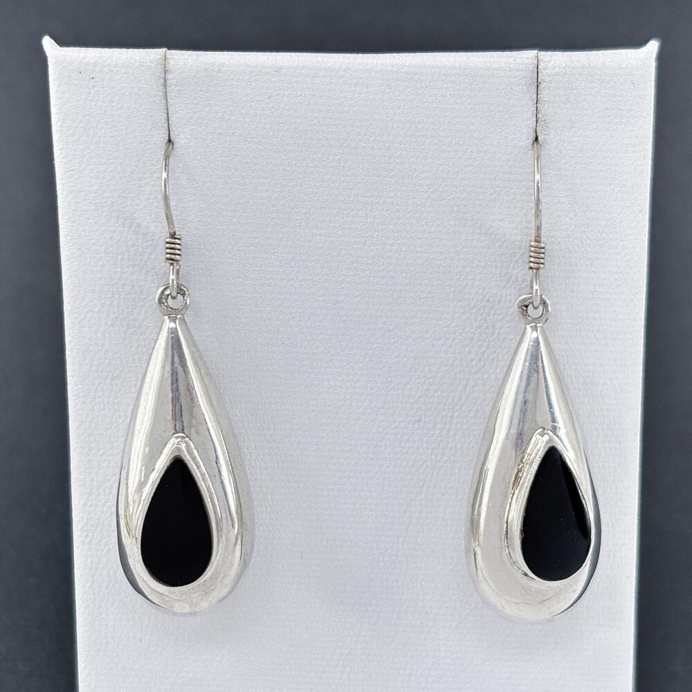Estate Sterling Silver 925 Black Onyx Teardrop Earrings